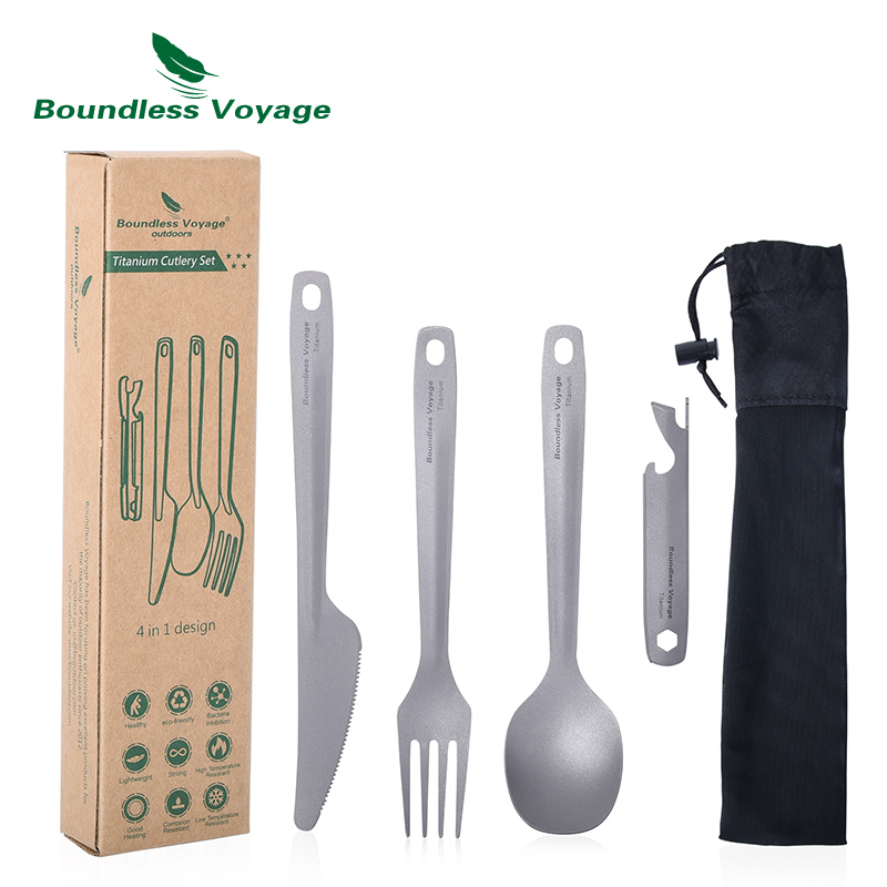 Outdoor Camping Dining Set - Boundless Voyage ยูทิลิตี้ชุดช้อนส้อม4ชิ้นกระเป๋าถือไทเทเนียมช้อนส้อมมีดที่เปิดขวดสำหรับเดินทาง camping
