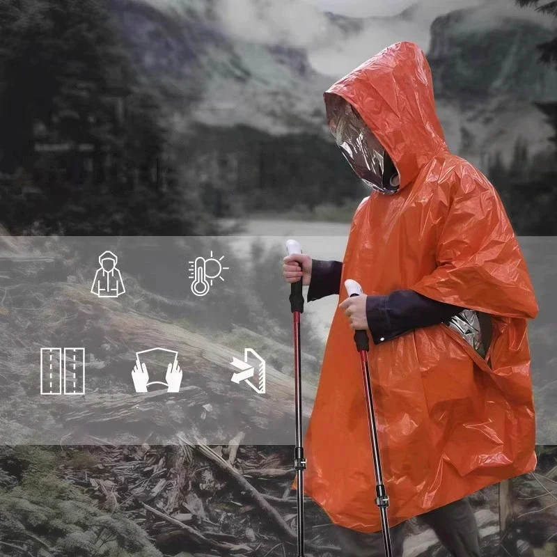 Camping Rain Poncho - เสื้อกันฝนฉุกเฉินแบบมีฮู้ด กันน้ำและให้ความอบอุ่น พร้อมซับในเคลือบอะลูมิเนียม ผ้าห่มฉุกเฉินสำหรับการเอาตัวรอด เหมาะสำหรับการตั้งแคมป์